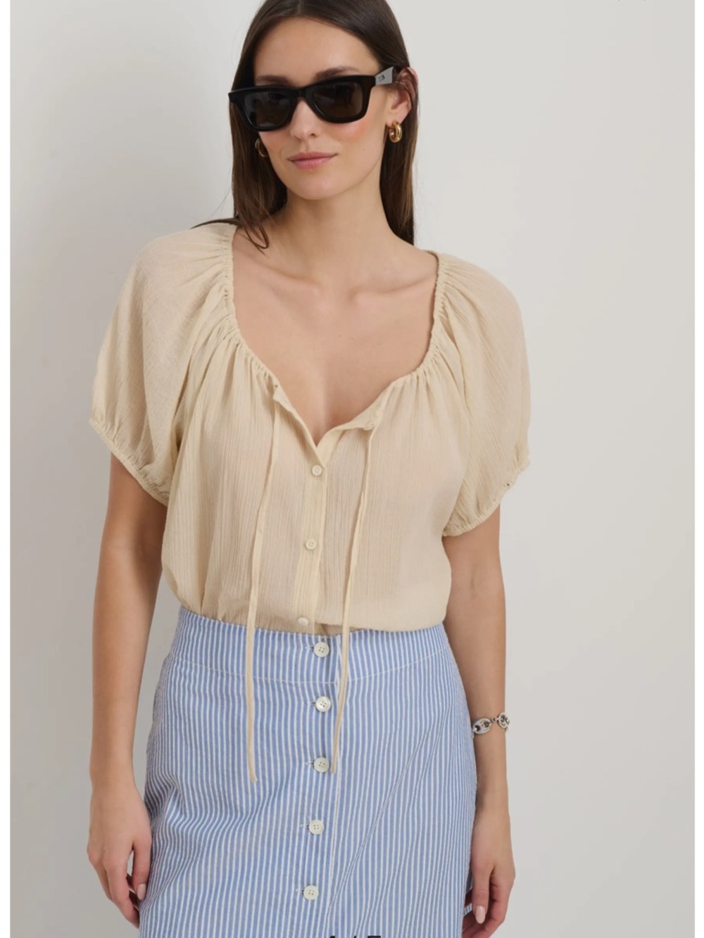 Alex Mill Rose Crinkle Tie Neck Cream Tie-Front Peasant Top